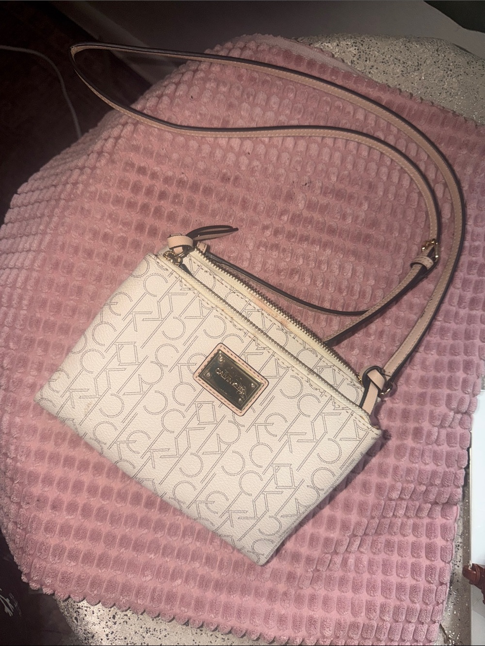 Calvin Klein Cream Monogram Crossbody Bag with Pink Strap Trim